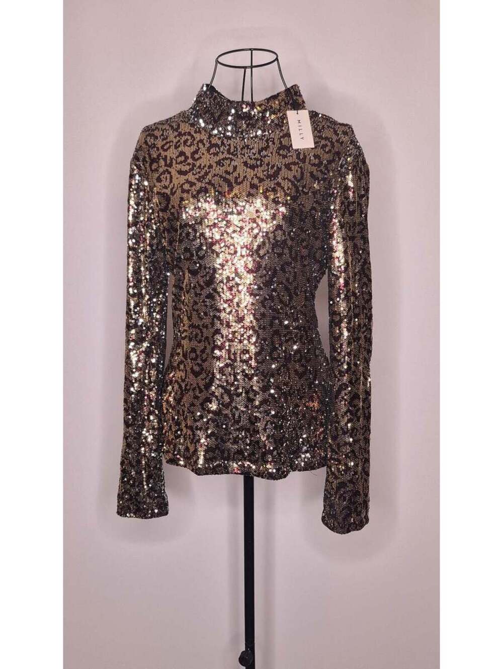 Milly Long-Sleeve Sequin Top Leopard design